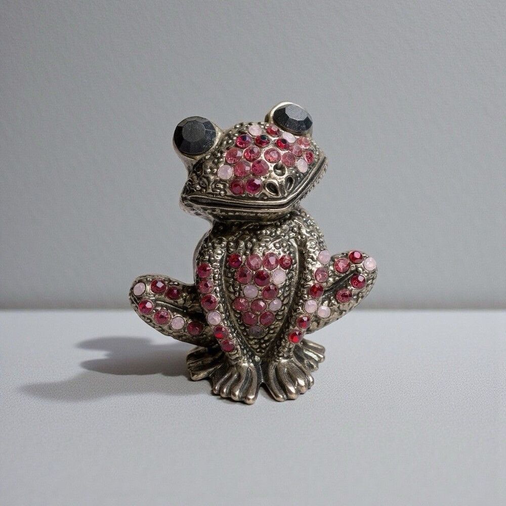 Nerdy & Adorable: Frog -Pink Rhinestone Brooch Silver Tone Pin Whimsical Jewelry
